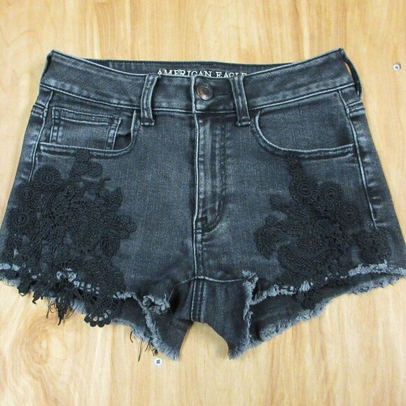 AMERICAN EAGLE Hi-Rise Shortie Womens Size 0 Black Lace Ripped Denim Jean Shorts - Picture 14 of 14